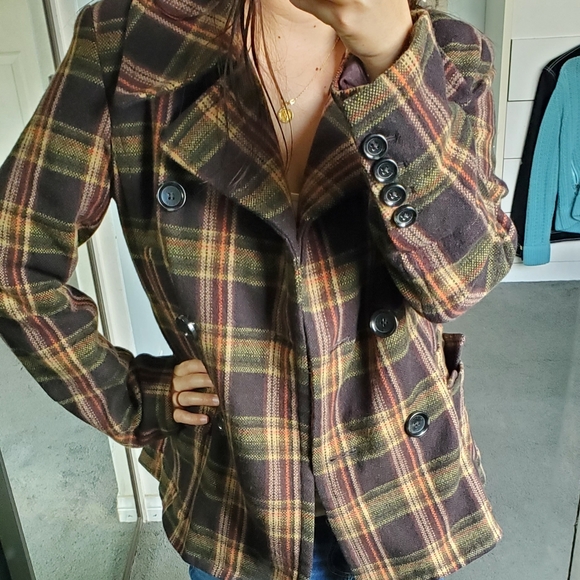 MICHAEL KORS Womens Brown Wool plaid Pea Coat L